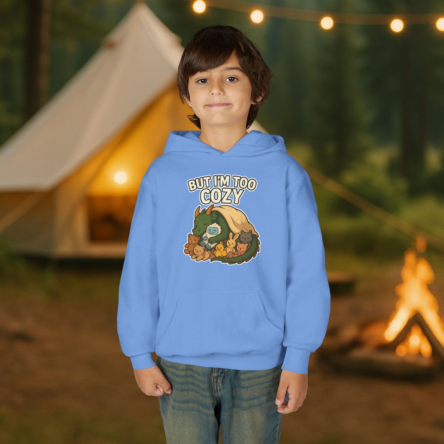 But I'm Too Cozy Youth Hoodie — Cute Sleeping Dragon Sweatshirt