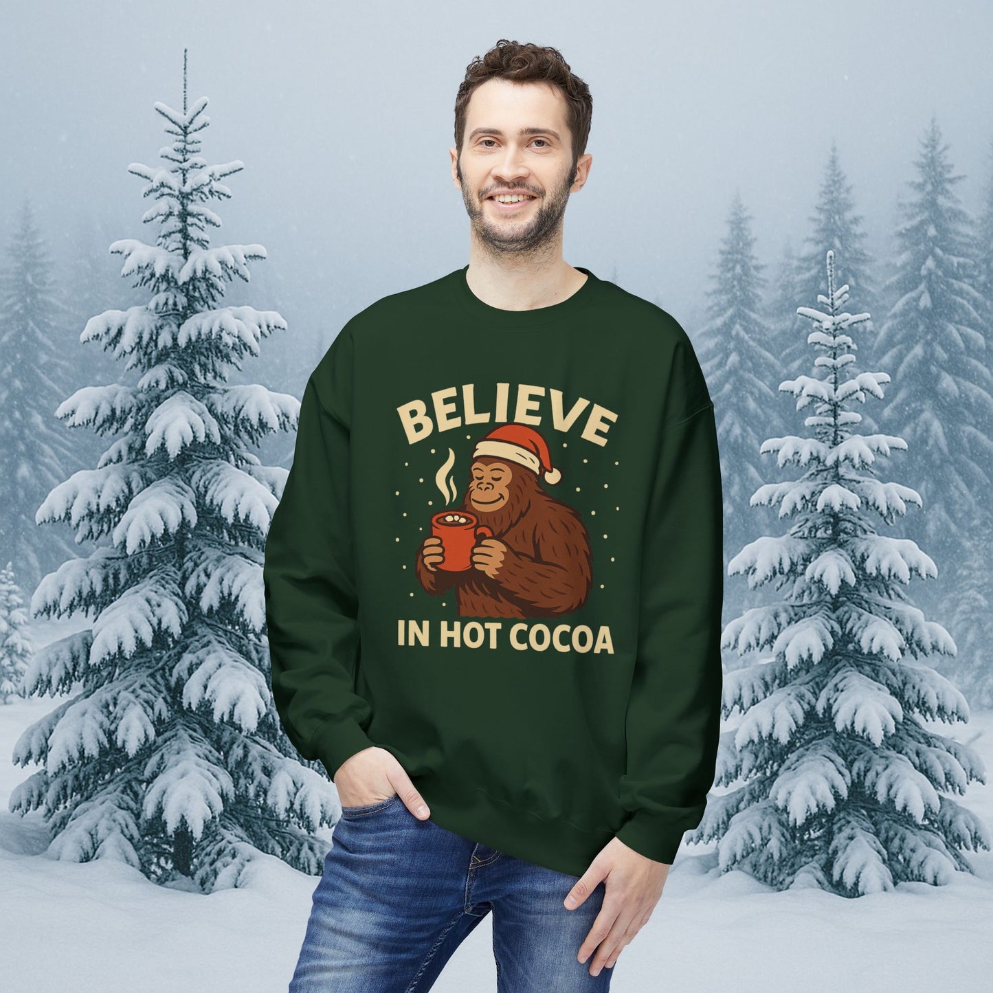 Believe in Hot Cocoa Sweatshirt — Cute Monkey Holiday Crewneck