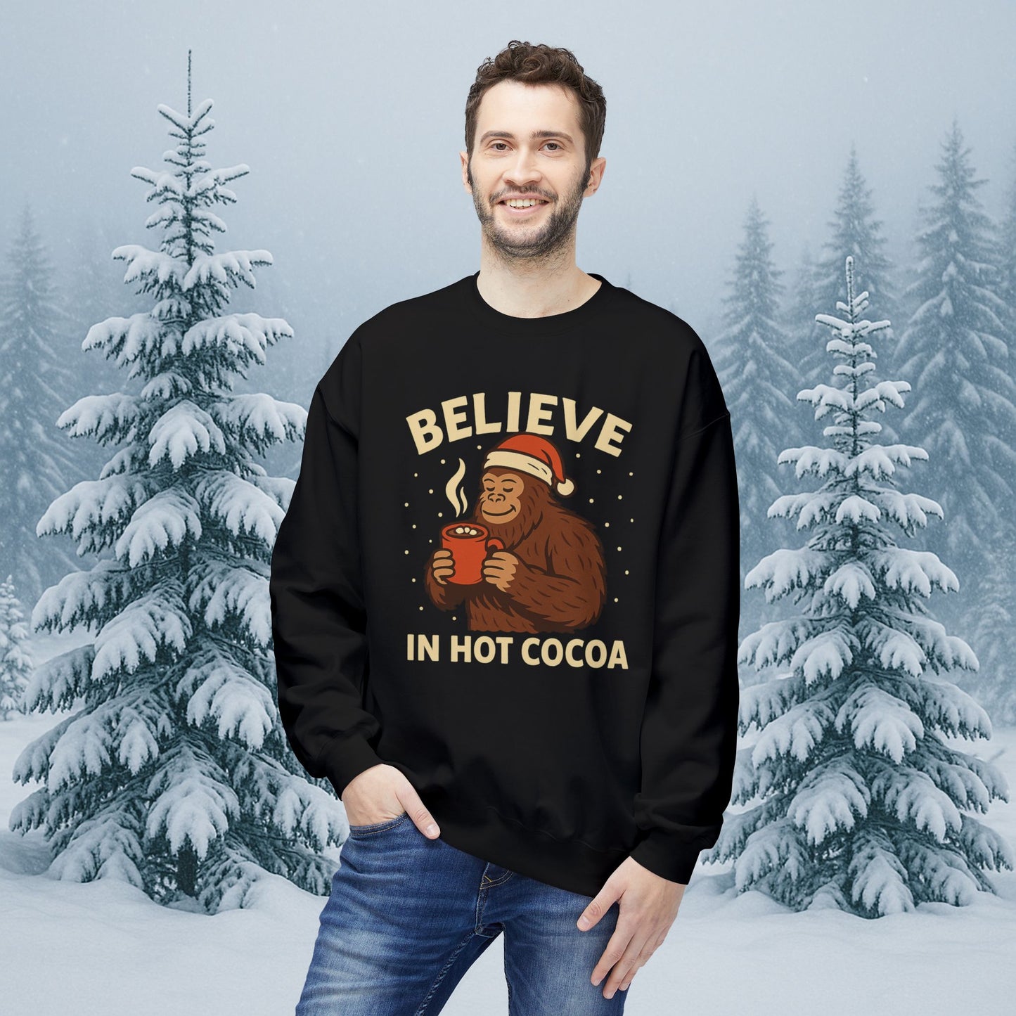 Believe in Hot Cocoa Sweatshirt — Cute Monkey Holiday Crewneck