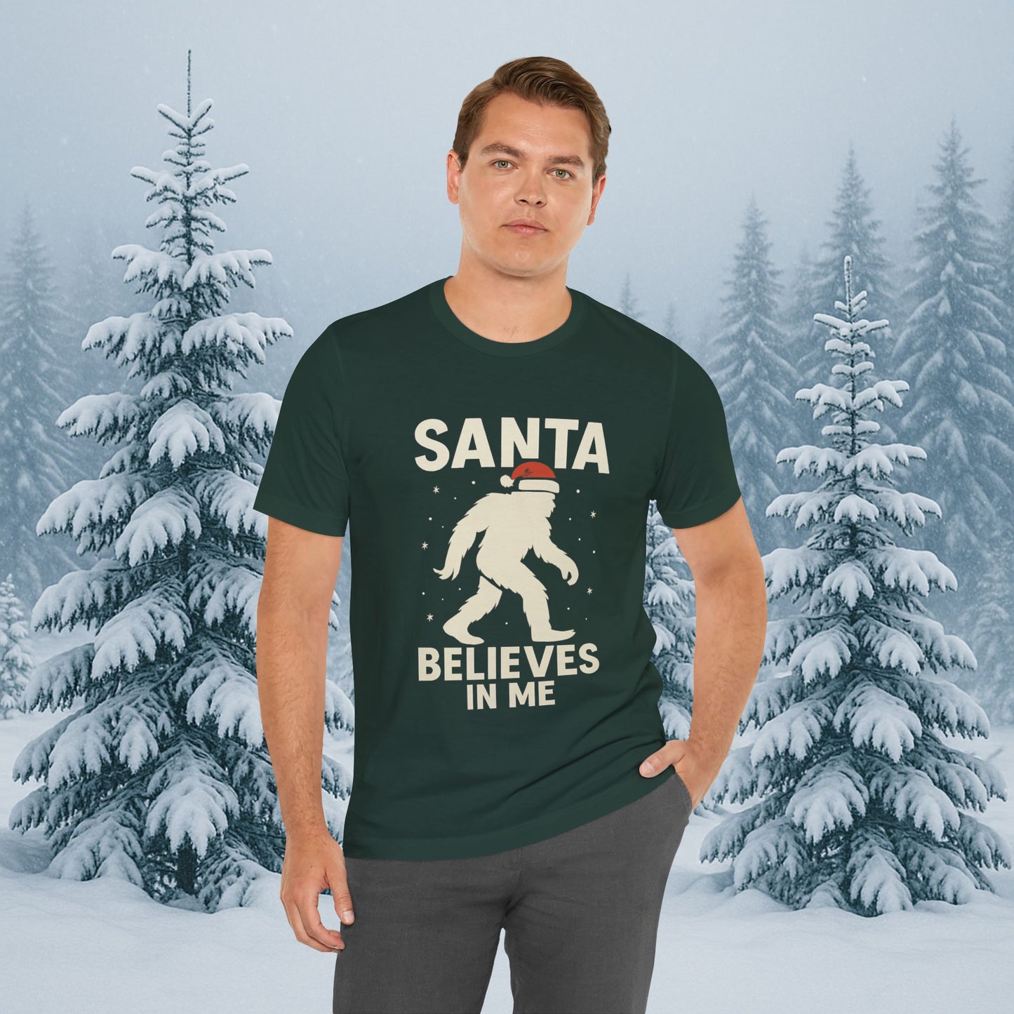 Santa Believes in Me Bigfoot T-Shirt – Funny Cryptid Christmas Tee