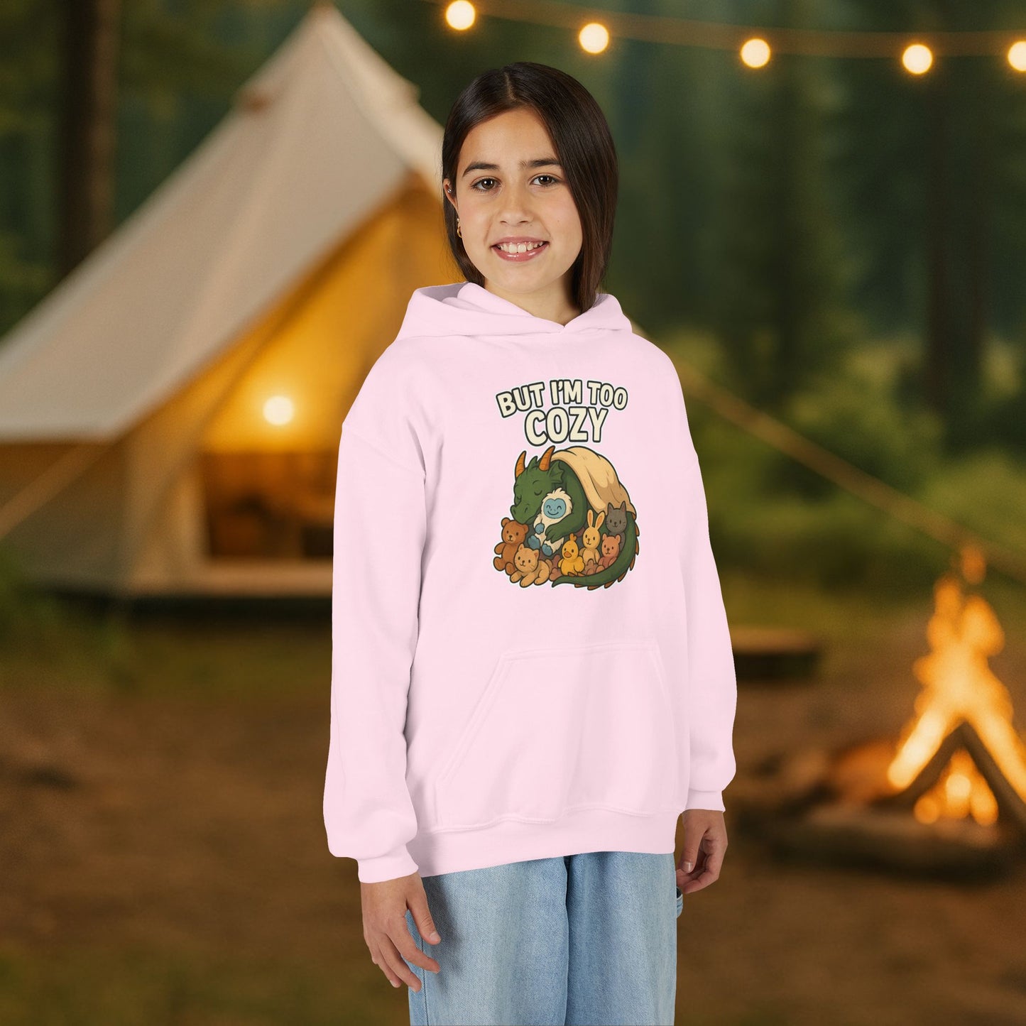 But I'm Too Cozy Youth Hoodie — Cute Sleeping Dragon Sweatshirt