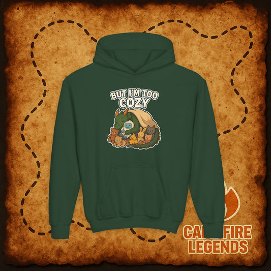 But I'm Too Cozy Youth Hoodie — Cute Sleeping Dragon Sweatshirt