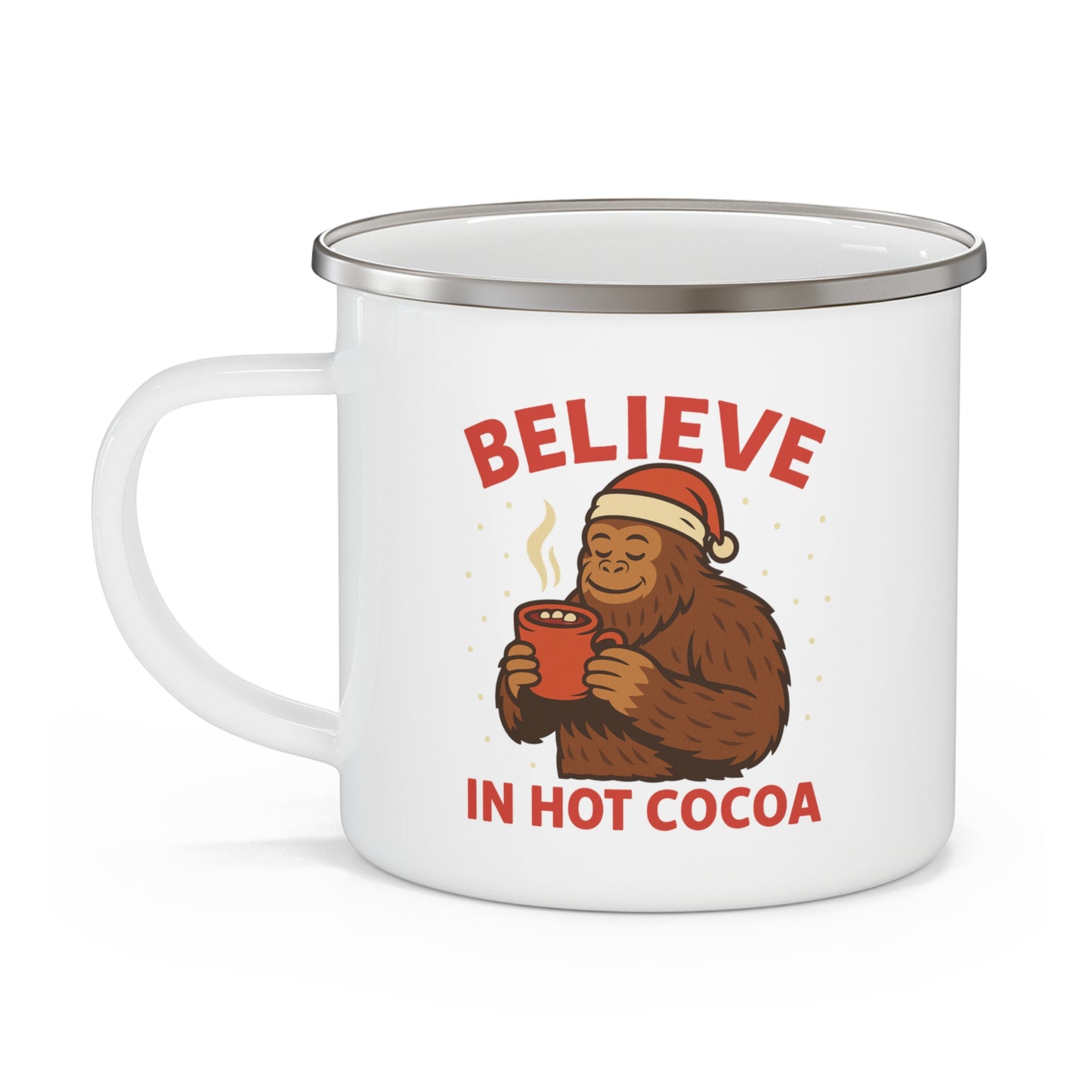 Believe in Hot Cocoa Enamel Camping Mug — Cute Santa Sasquatch Holiday Coffee Cup