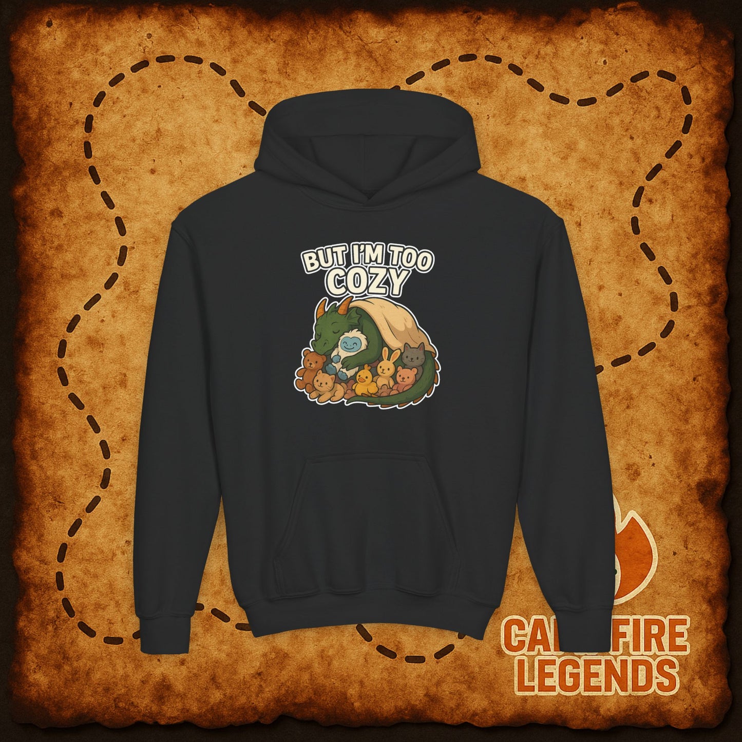 But I'm Too Cozy Youth Hoodie — Cute Sleeping Dragon Sweatshirt