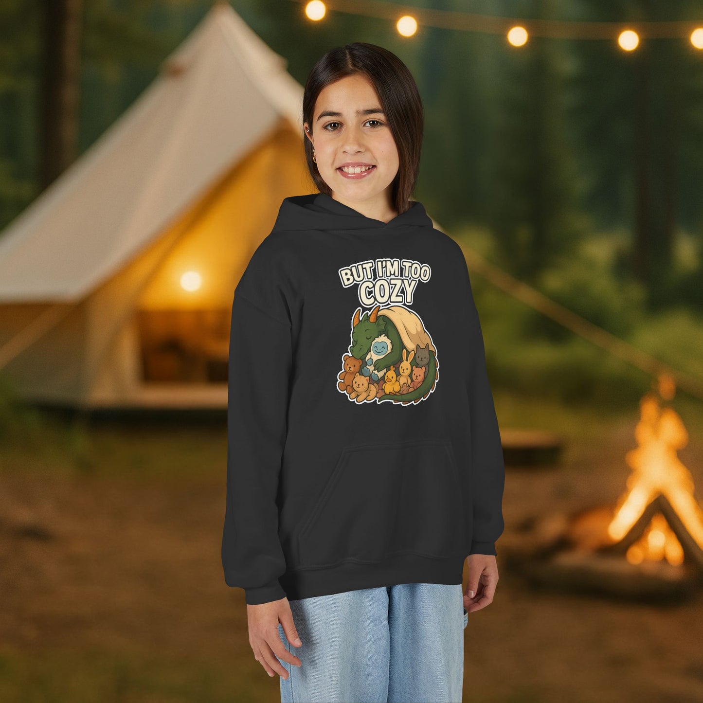 But I'm Too Cozy Youth Hoodie — Cute Sleeping Dragon Sweatshirt