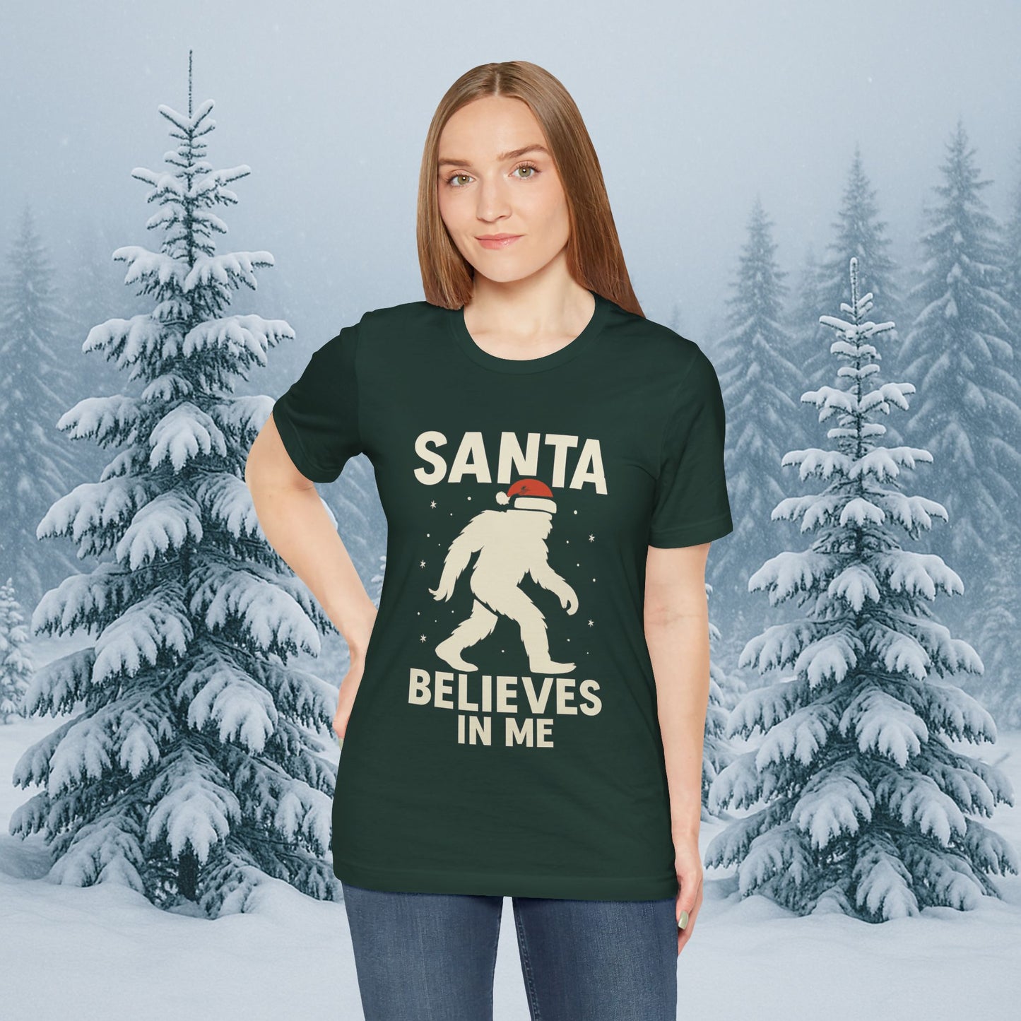 Santa Believes in Me Bigfoot T-Shirt – Funny Cryptid Christmas Tee