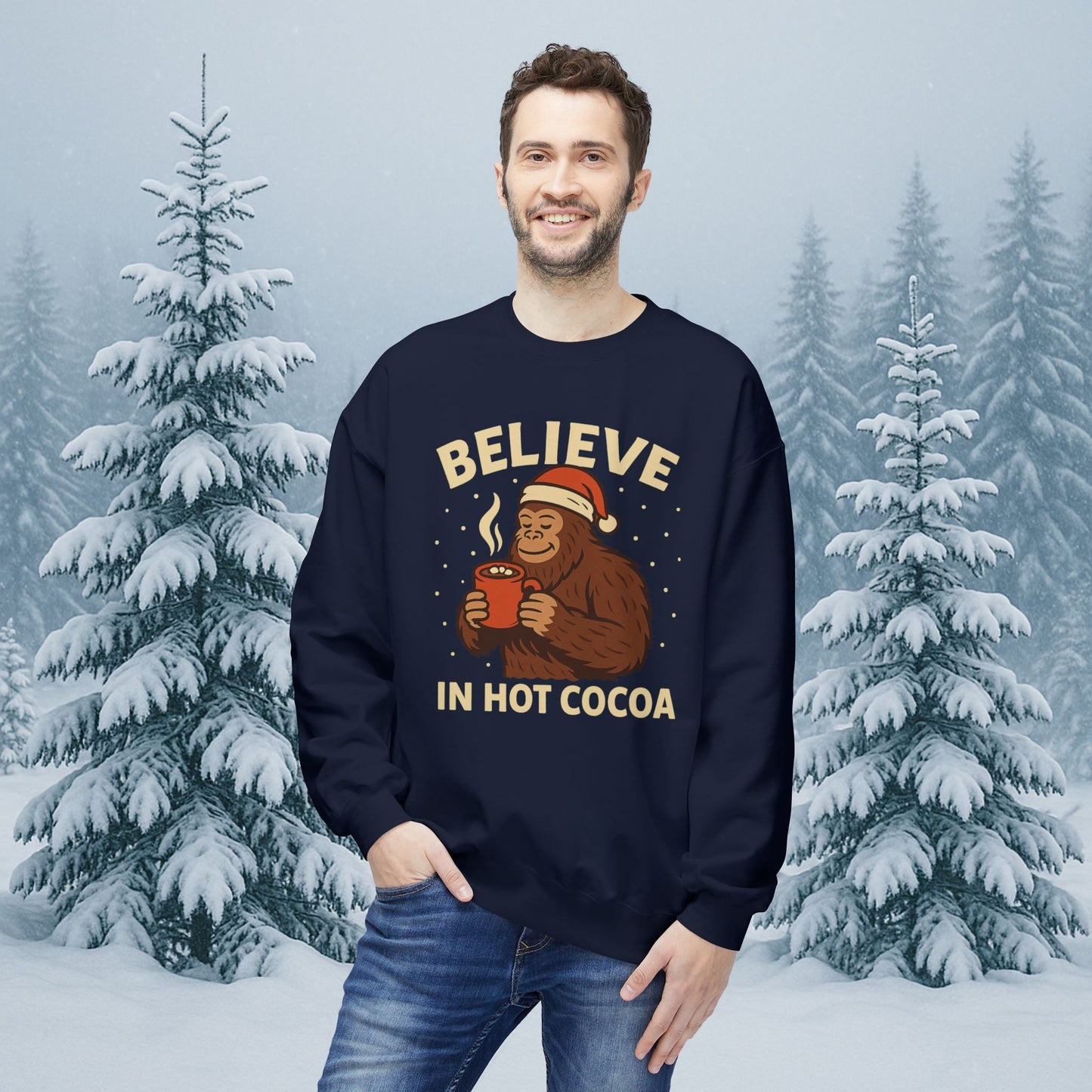 Believe in Hot Cocoa Sweatshirt — Cute Monkey Holiday Crewneck