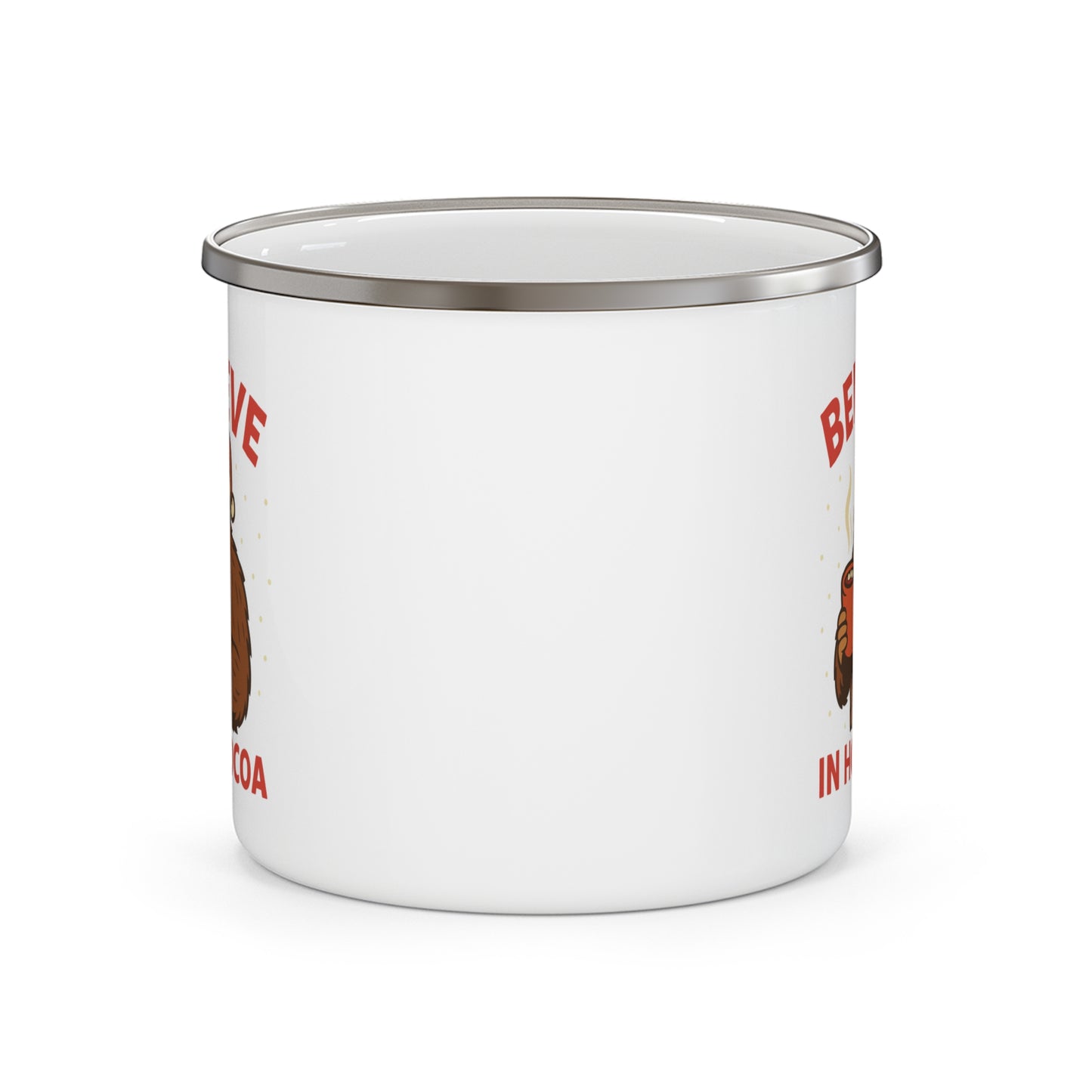 Believe in Hot Cocoa Enamel Camping Mug — Cute Santa Sasquatch Holiday Coffee Cup