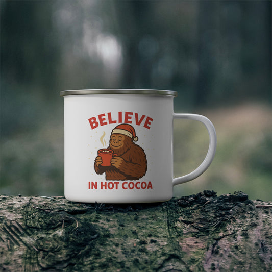 Believe in Hot Cocoa Enamel Camping Mug — Cute Santa Sasquatch Holiday Coffee Cup