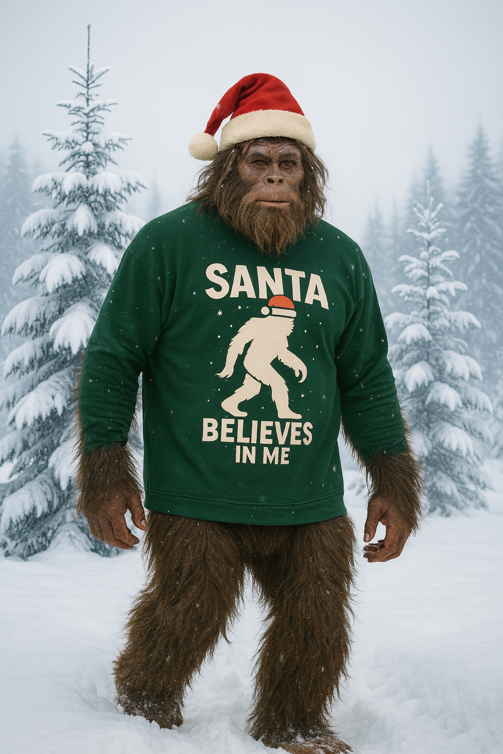 Santa Believes In Me Crewneck Sweatshirt — Funny Sasquatch Christmas Holiday Sweatshirt
