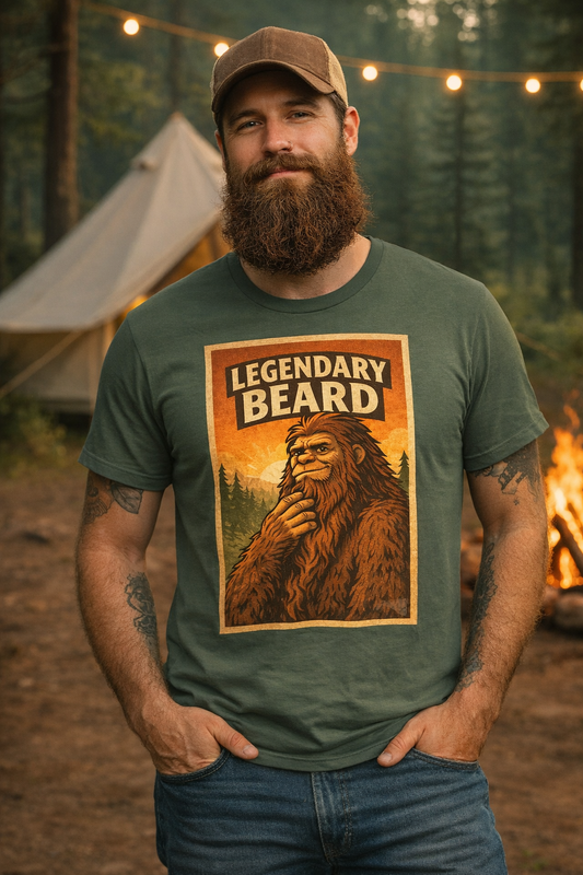 Legendary Beard T-Shirt — Vintage Sasquatch Camping Graphic Tee