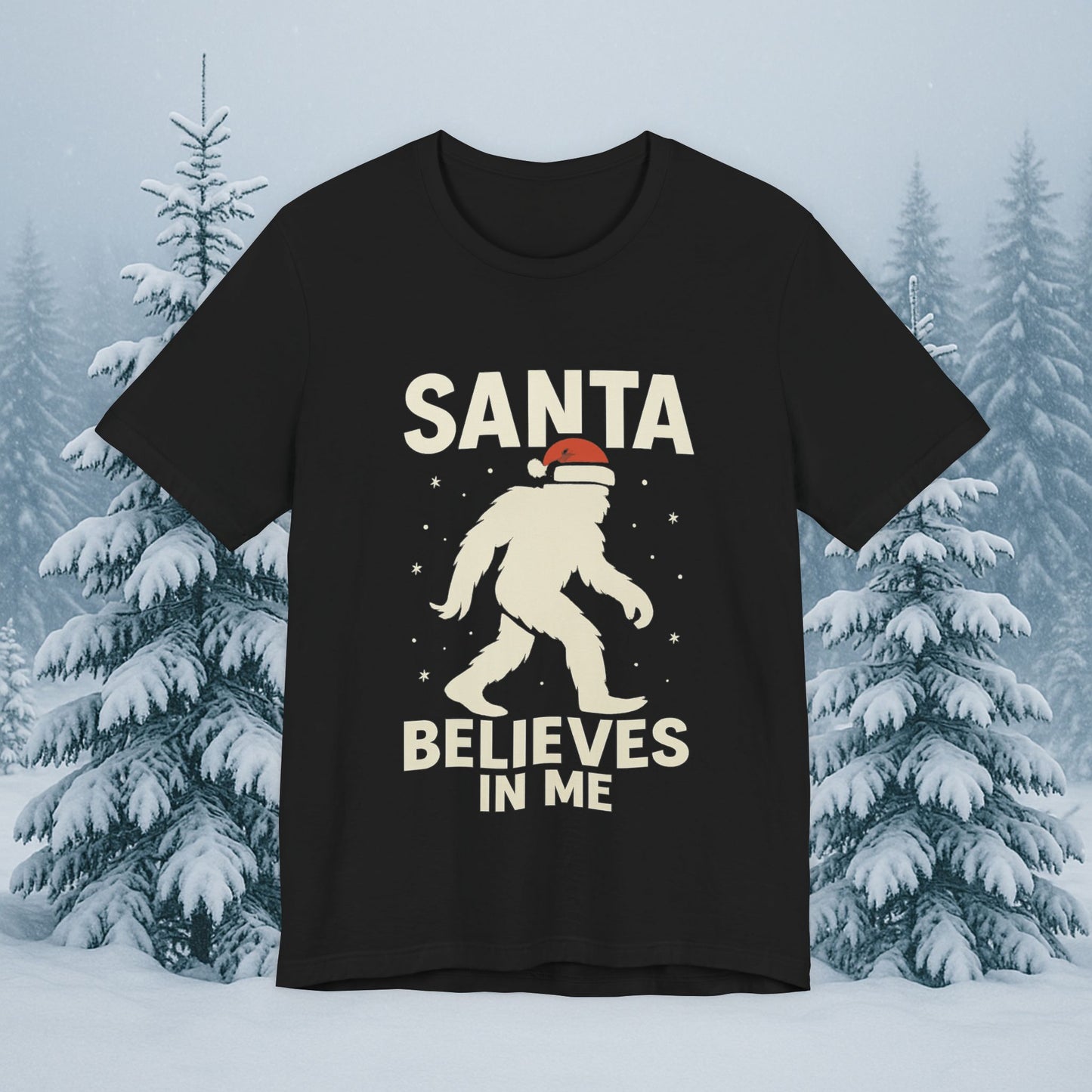 Santa Believes in Me Bigfoot T-Shirt – Funny Cryptid Christmas Tee
