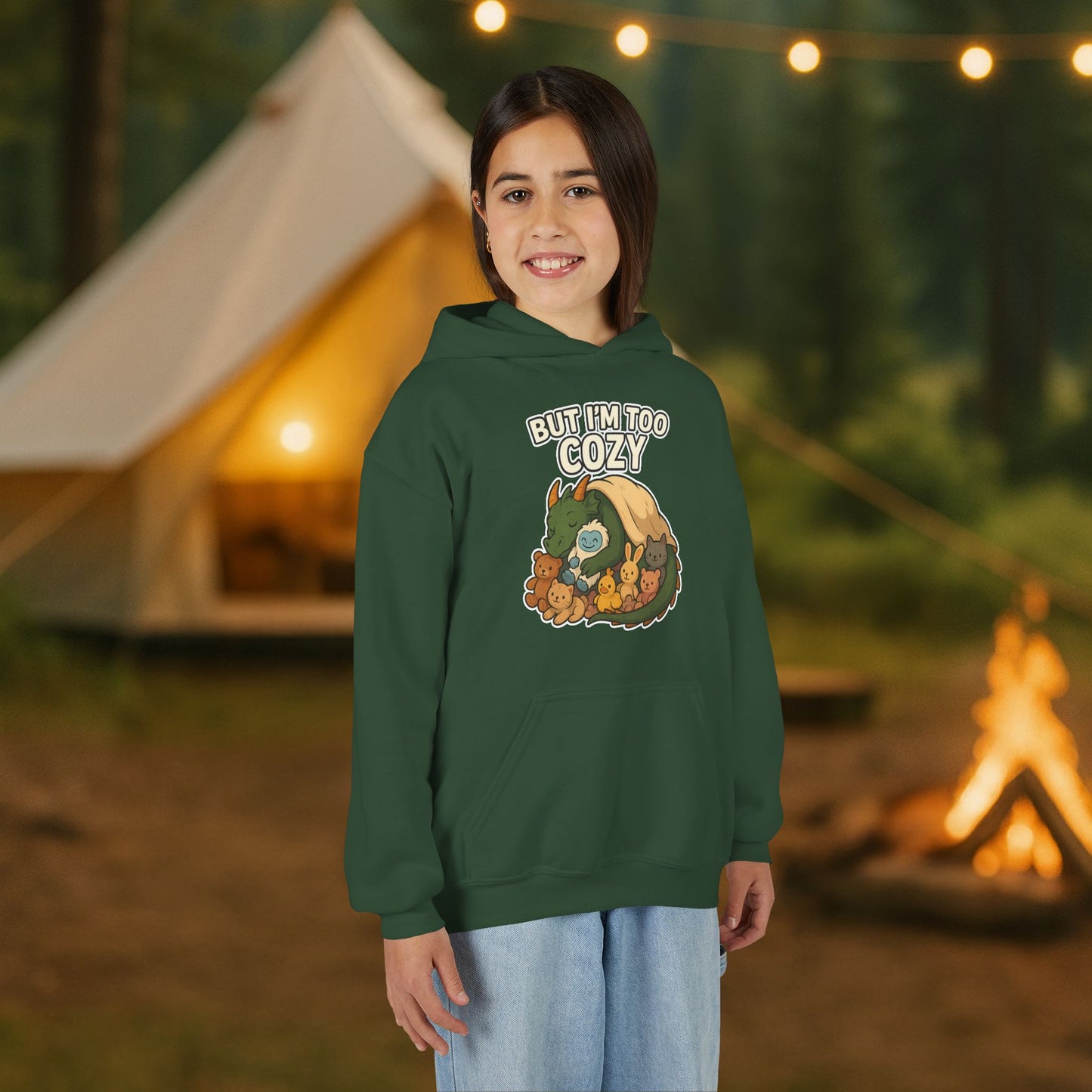 But I'm Too Cozy Youth Hoodie — Cute Sleeping Dragon Sweatshirt