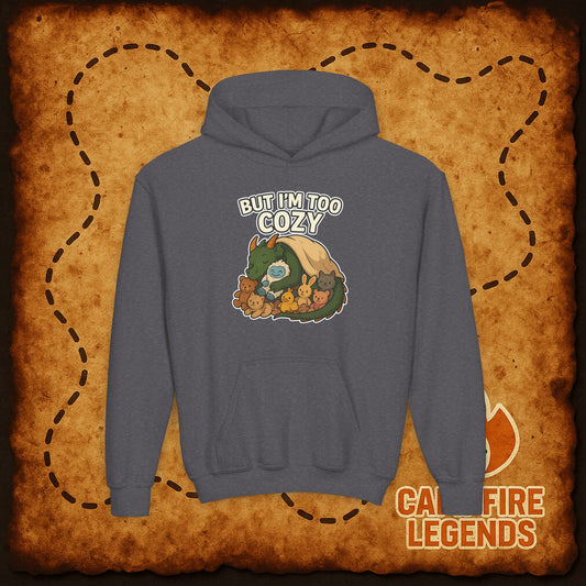 But I'm Too Cozy Youth Hoodie — Cute Sleeping Dragon Sweatshirt