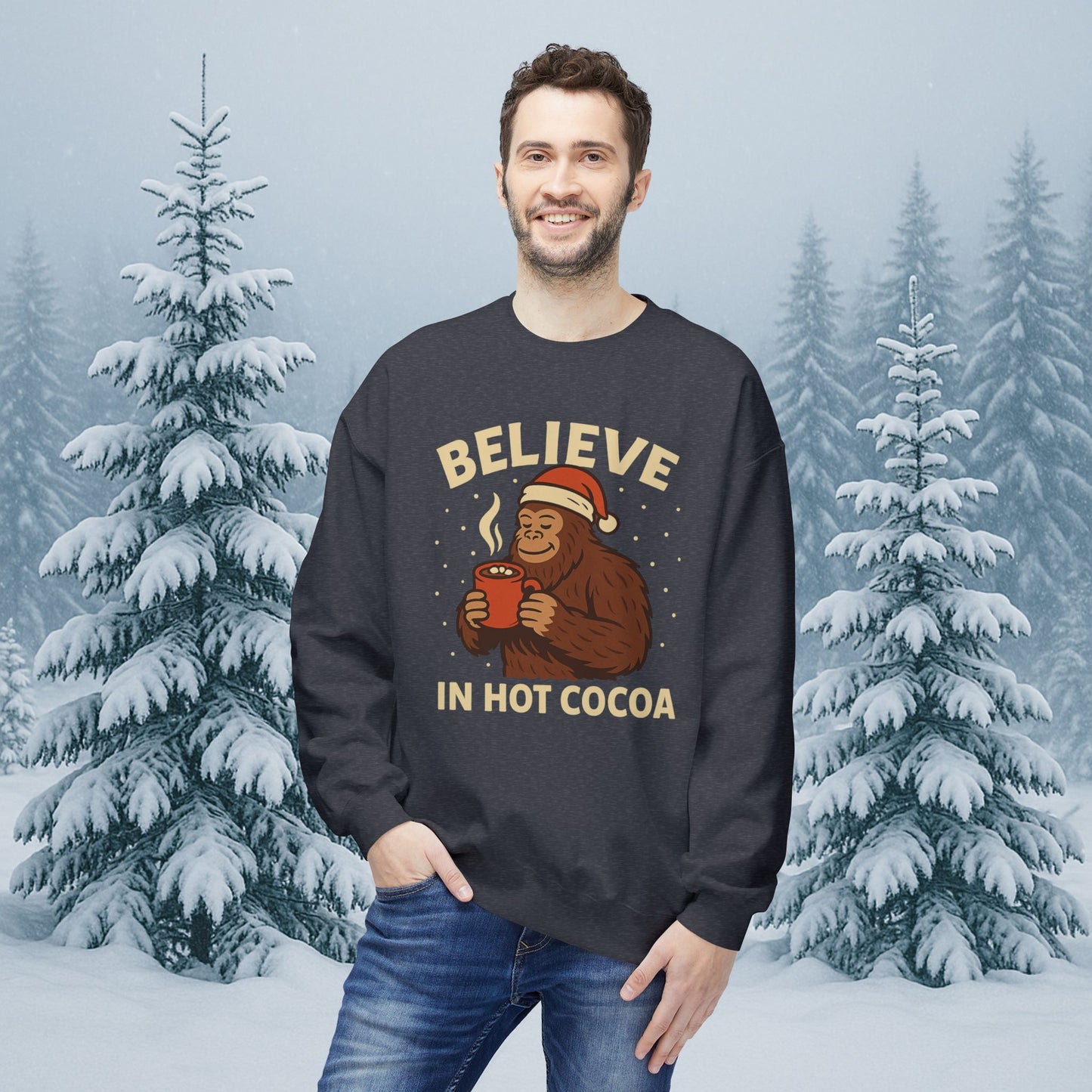 Believe in Hot Cocoa Sweatshirt — Cute Monkey Holiday Crewneck