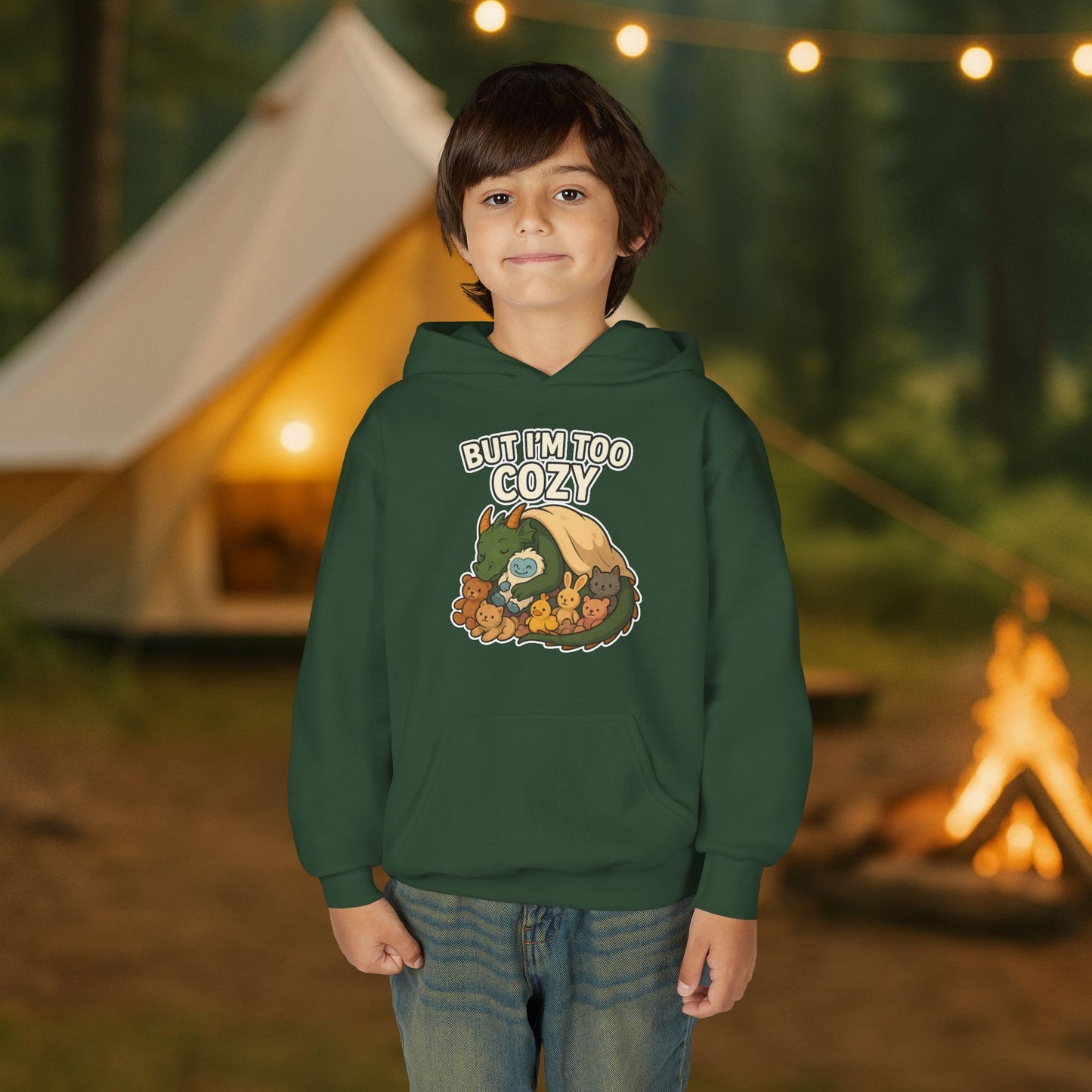 But I'm Too Cozy Youth Hoodie — Cute Sleeping Dragon Sweatshirt