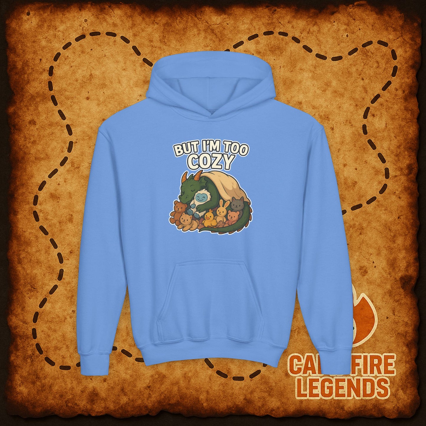 But I'm Too Cozy Youth Hoodie — Cute Sleeping Dragon Sweatshirt