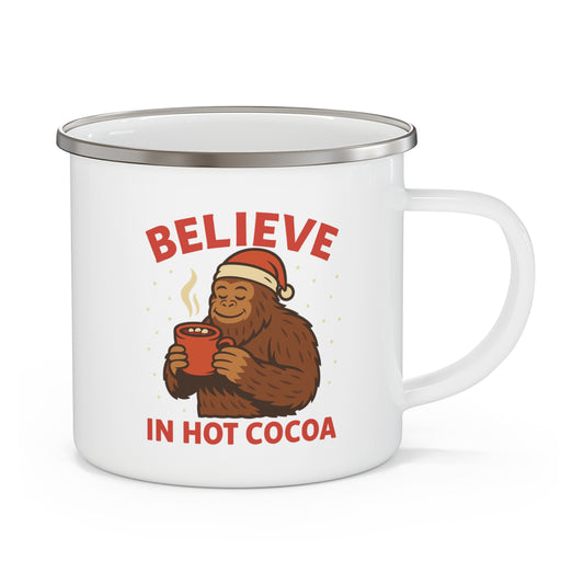 Believe in Hot Cocoa Enamel Camping Mug — Cute Santa Sasquatch Holiday Coffee Cup