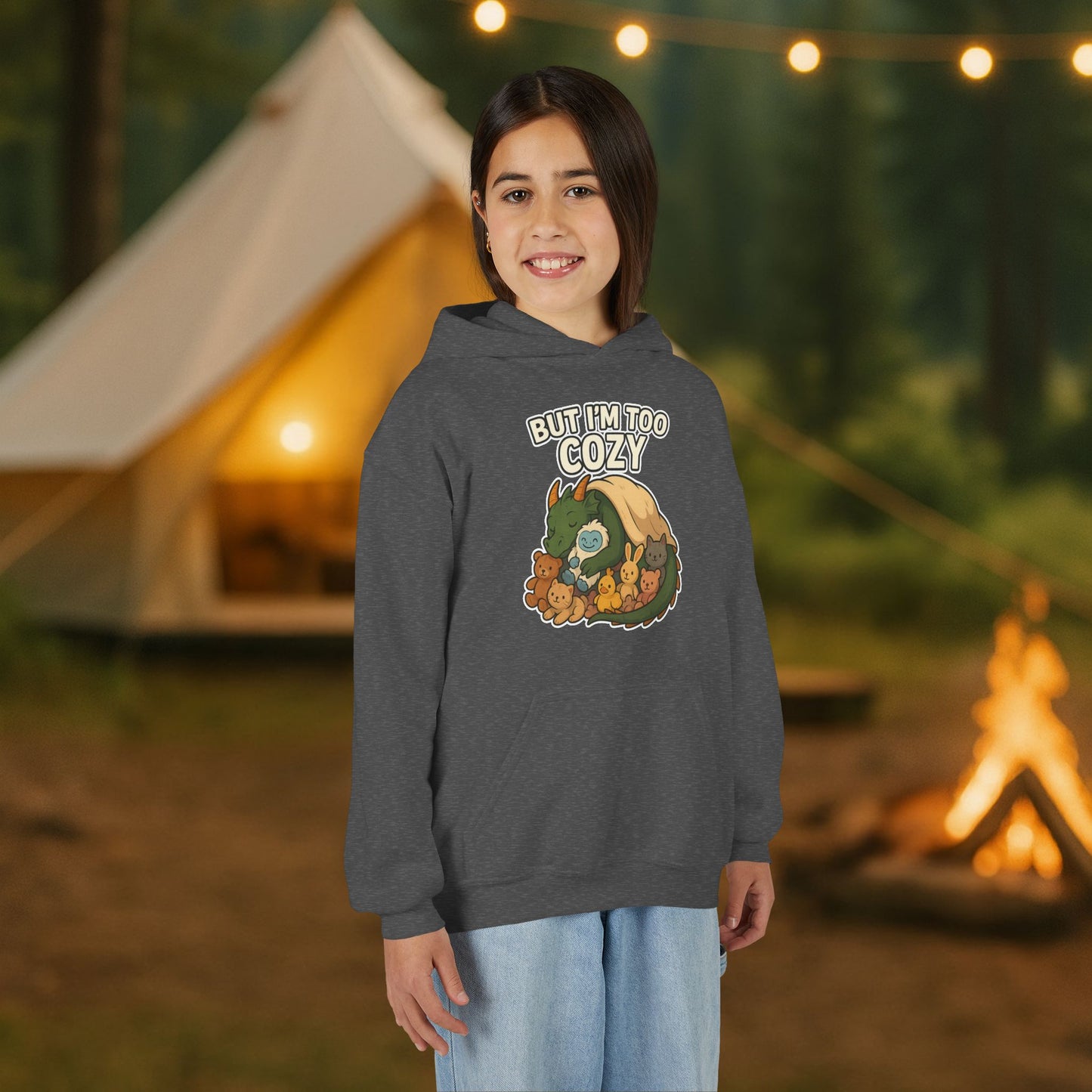 But I'm Too Cozy Youth Hoodie — Cute Sleeping Dragon Sweatshirt