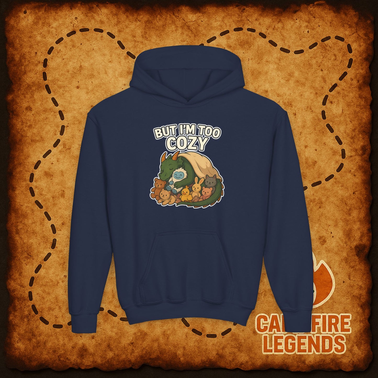 But I'm Too Cozy Youth Hoodie — Cute Sleeping Dragon Sweatshirt