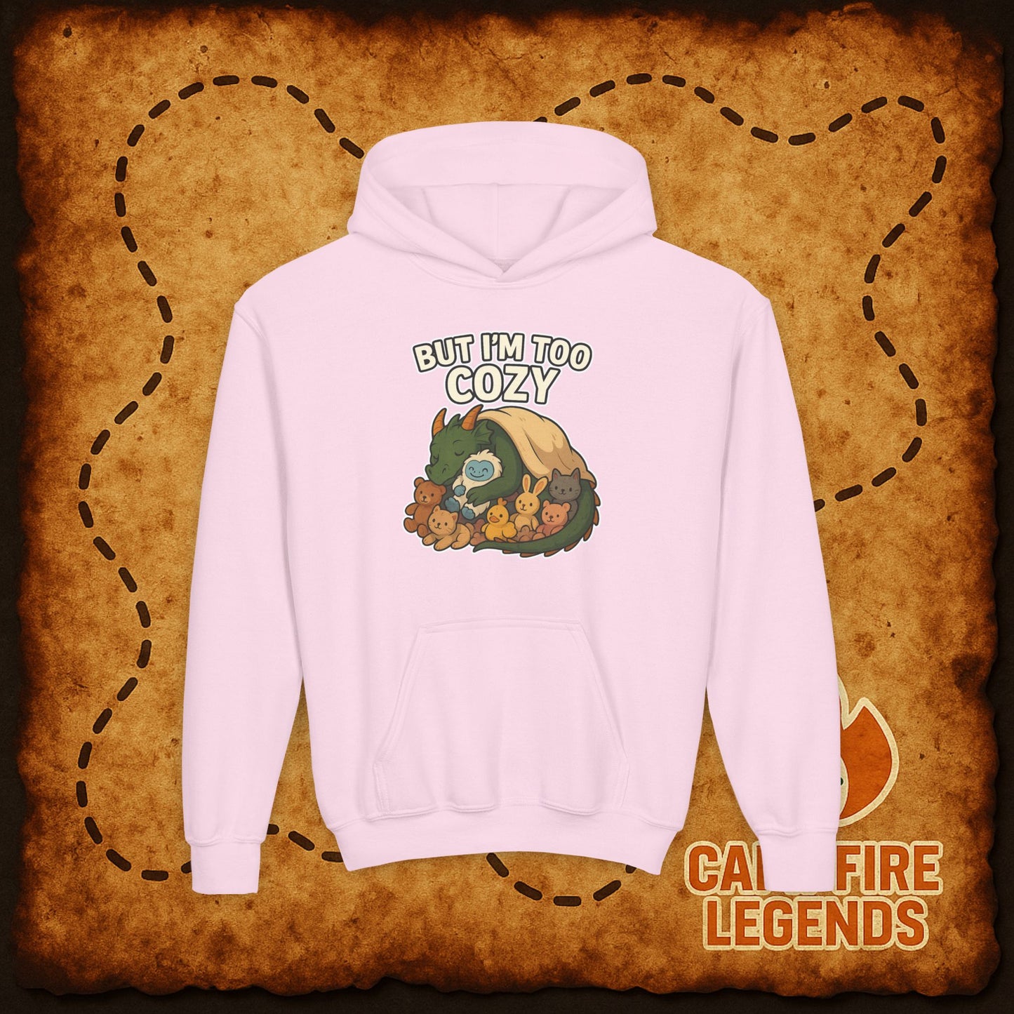 But I'm Too Cozy Youth Hoodie — Cute Sleeping Dragon Sweatshirt