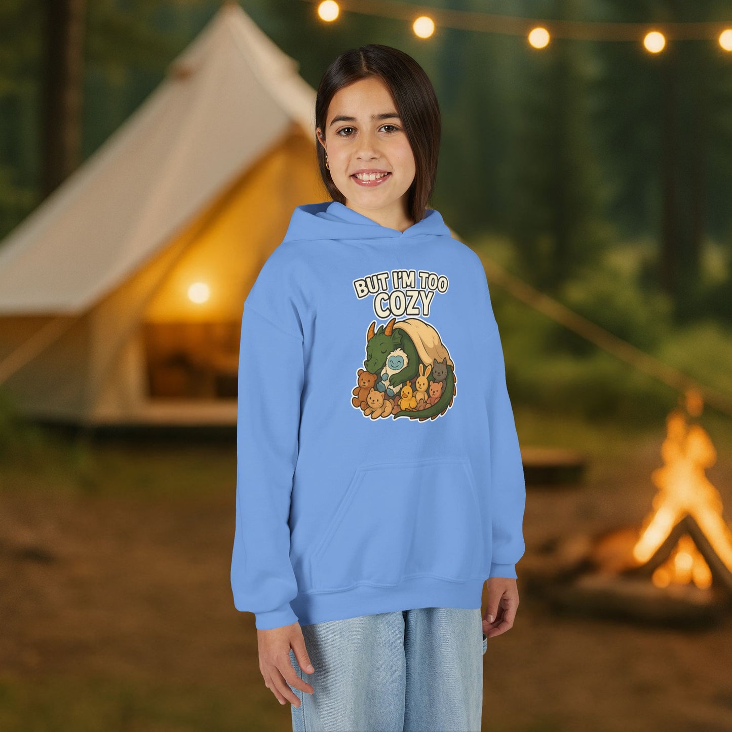 But I'm Too Cozy Youth Hoodie — Cute Sleeping Dragon Sweatshirt